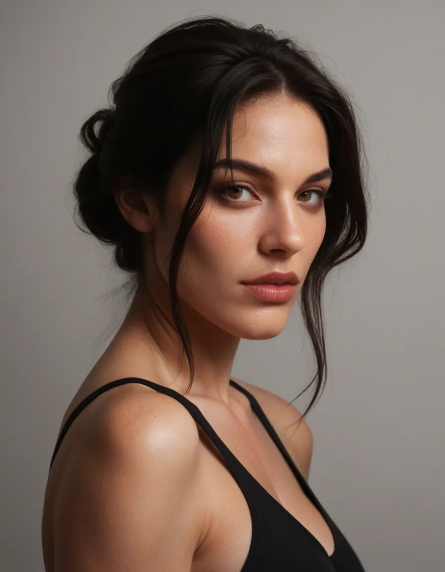 Create a cinematic, hyper-realistic photo of a beautiful 35-year-old Javanese-Indonesian woman. She has long, straight black hair cascading down her back and a face with deep dimples when she smiles, exuding a sensual aura. She features brown eyes, a high-bridged nose, and thin, sensual lips. Her face shows a passionate, post-orgasmic expression, and her smooth, flawless, light-olive skin glistens with sweat; she is completely nude. She has massive breasts (39M cup)—firm, full, and heavy, resembling melons and seemingly defying gravity—with prominent nipples. She has a flat, toned, and slender midriff; a narrow waist; wide hips; a large, round bottom; and thick thighs, creating an hourglass figure. She is standing, a pose that accentuates her beautiful, ample breasts and feminine allure. The camera is positioned at the subject's eye level to create a natural, neutral perspective. The background is a photo studio with a subtle, dark, abstract atmosphere typical of studio photography, illuminated by soft, golden-hued side lighting and a cyclorama wall. Eye-level shot, full shot (FS), shallow depth of field (DoF). --uplight --q 2.7 --v 6 --ar 4:5
Negative prompt: do not show studio lights., score_9, score_8, candid photo, realistic skin texture, visible skin pores, film grain, depth of field