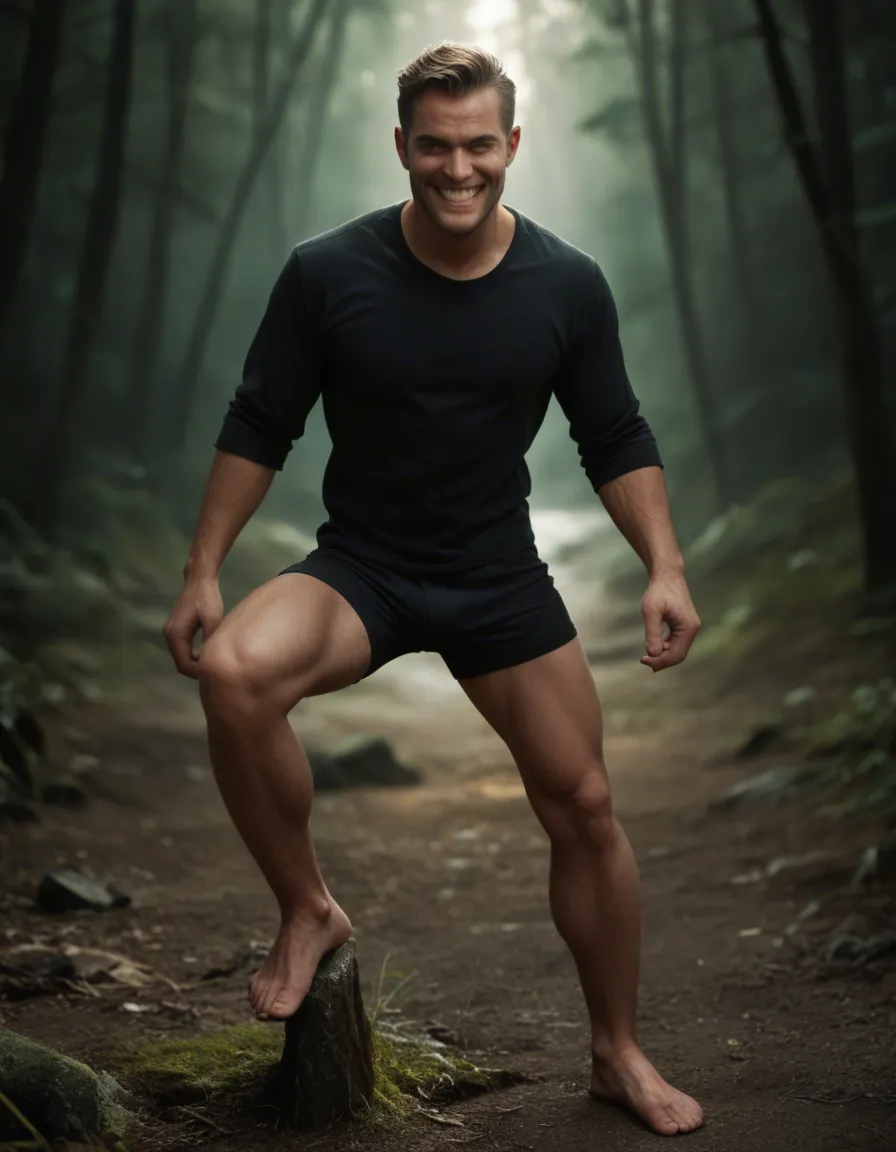 highly detailed, natural lighting, 1boy, leg up, toes, blurry background, teasing grin, photorealistic, score_9, score_8, candid photo, realistic skin texture, visible skin pores, film grain, depth of field