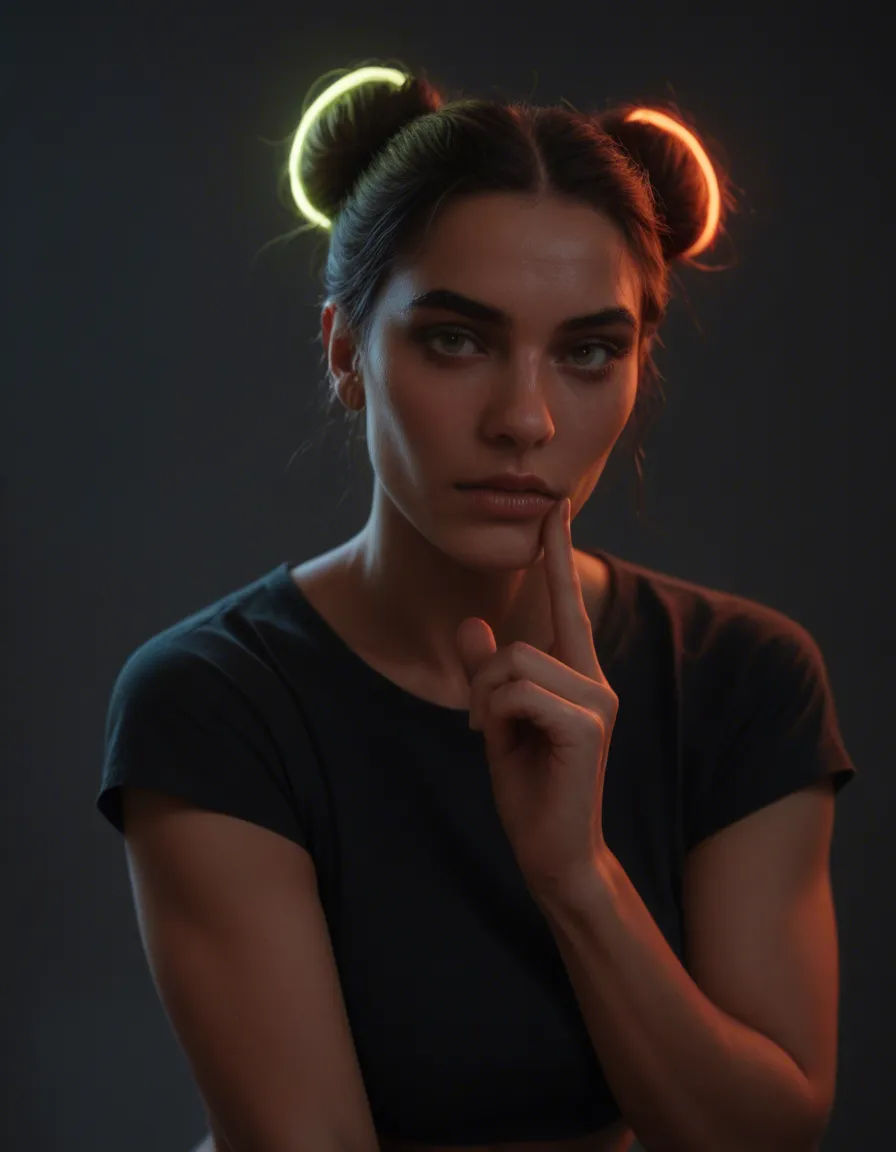 studio quality, sharp focus, 1boy, hair bun, short sleeves, futanari, neon glow, 8k uhd photo, score_9, score_8, candid photo, realistic skin texture, visible skin pores, film grain, depth of field
