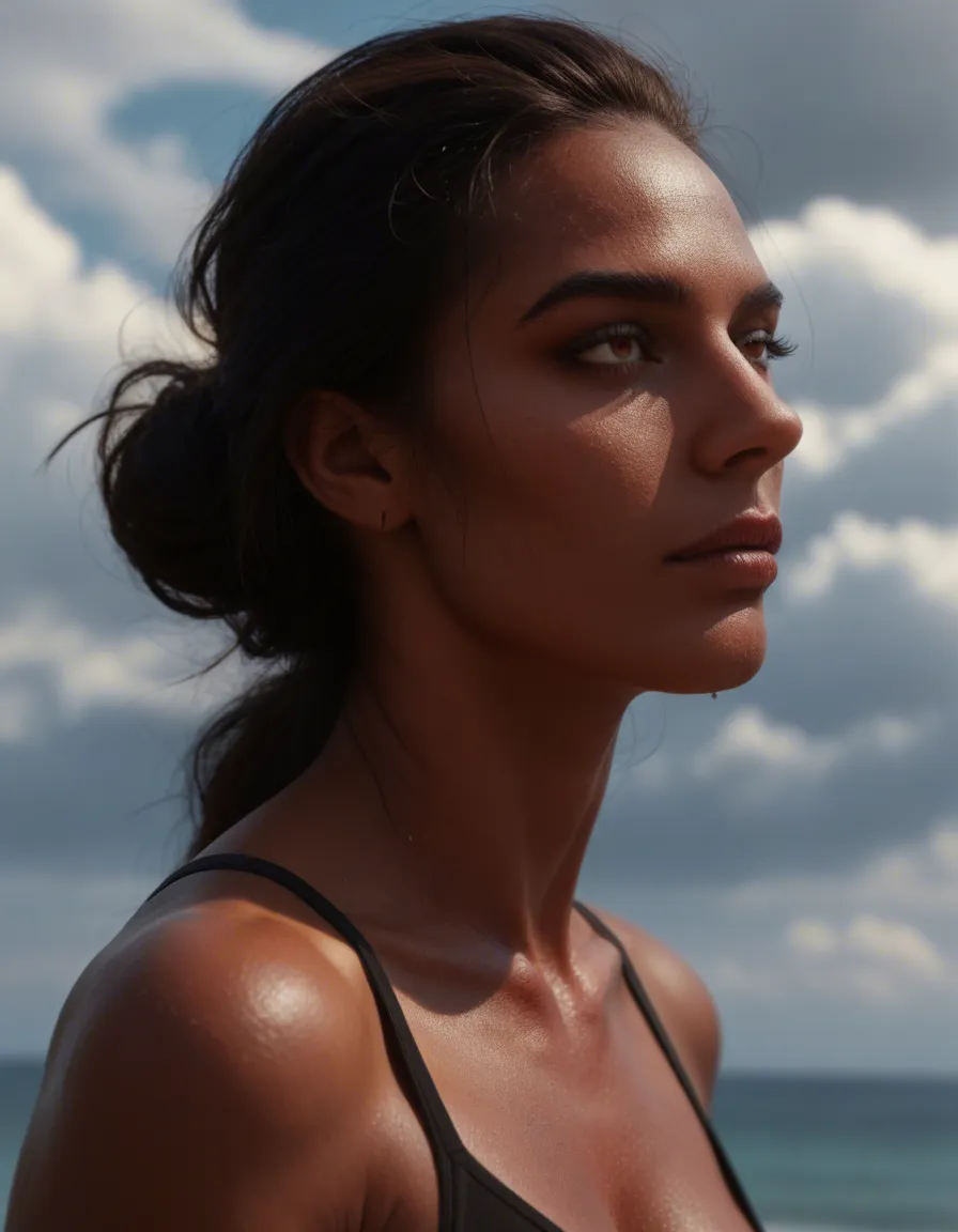 ultra HD, lifelike, side view, demon_girl sucubbe , presenting, collarbone, cloud, confident gaze, natural skin texture, score_9, score_8, candid photo, realistic skin texture, visible skin pores, film grain, depth of field