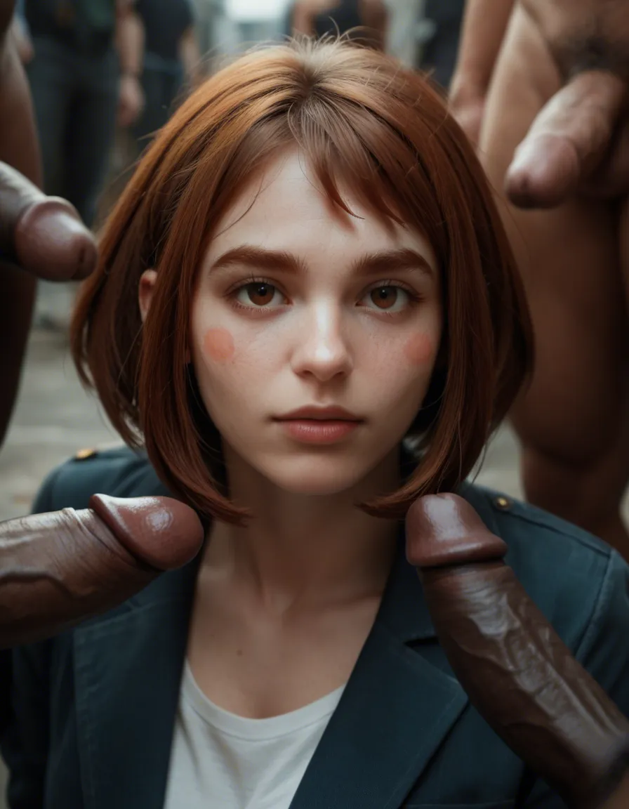 Uraraka from MHA surrounded by several black penises, score_9, score_8, candid photo, realistic skin texture, visible skin pores, film grain, depth of field