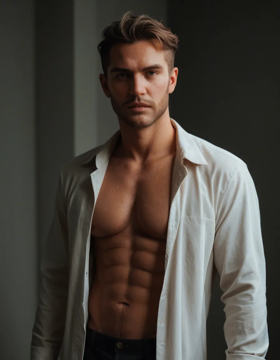 sharp focus, 8k uhd, 1boy, open clothes, presenting, hyperrealistic, score_9, score_8, candid photo, realistic skin texture, visible skin pores, film grain, depth of field