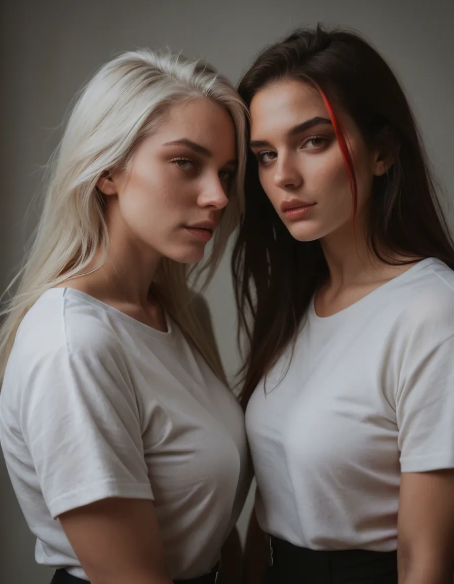 studio quality, sharp focus, 2women, streaked hair, white shirt, lesbian, warm tones, photorealistic, score_9, score_8, candid photo, realistic skin texture, visible skin pores, film grain, depth of field