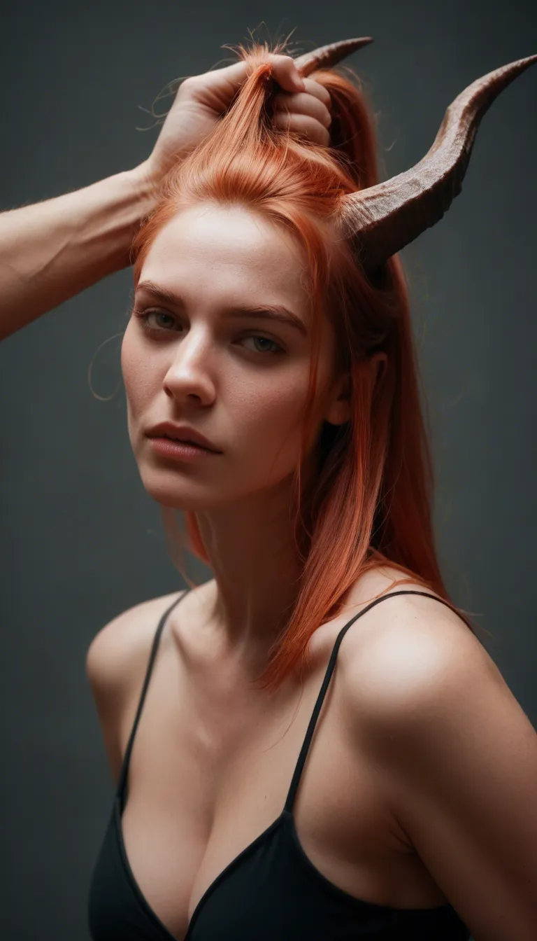 ultra HD, lifelike, redhead woman, pink hair, horns, hair pull, RAW photo