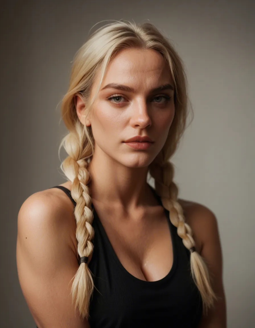 blonde_hair twin_braids interracial, score_9, score_8, candid photo, realistic skin texture, visible skin pores, film grain, depth of field