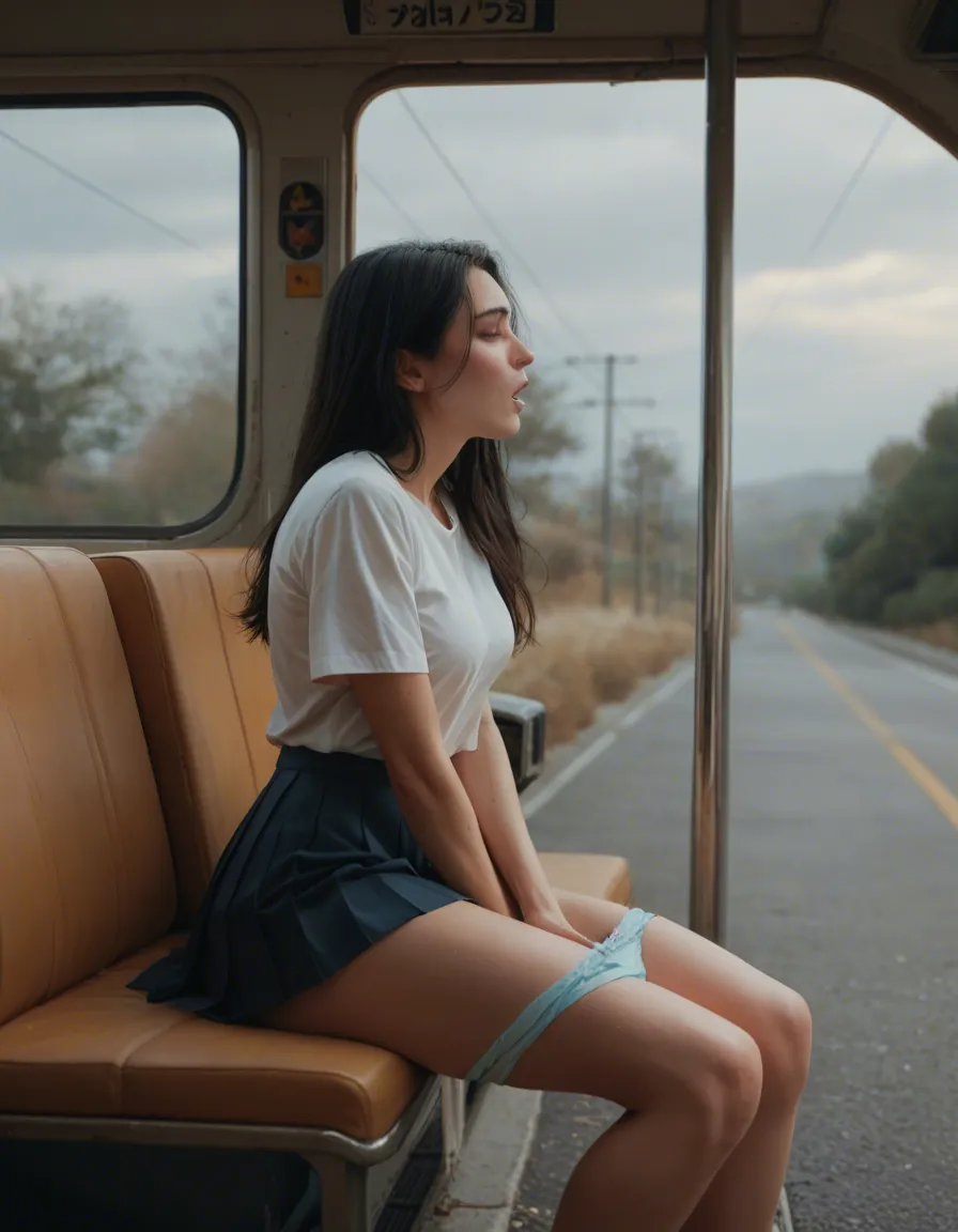 woman 30 years old long black hair, cute heart shaped face, blue eyes, orgasm, facing_away . Sitting on bus across walkway, legs_together . Wearing blouse and pleated_dress , panties down, masturbation female_masturbation,, score_9, score_8, candid photo, realistic skin texture, visible skin pores, film grain, depth of field
