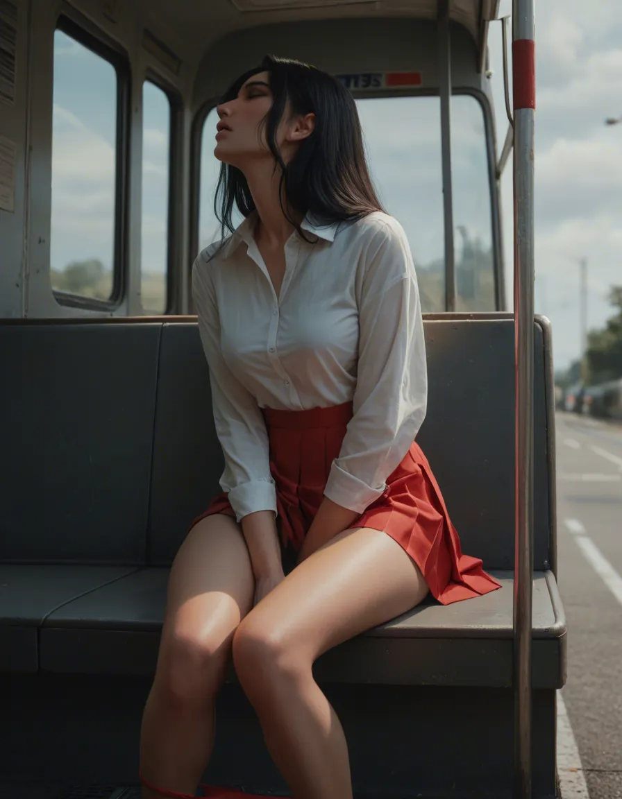 woman 25 years old long black hair, cute heart shaped face, blue eyes, orgasm, facing_away . Sitting on bus across walkway, legs_together . Wearing blouse and pleated_dress , red panties down, masturbation female_masturbation,, score_9, score_8, candid photo, realistic skin texture, visible skin pores, film grain, depth of field
