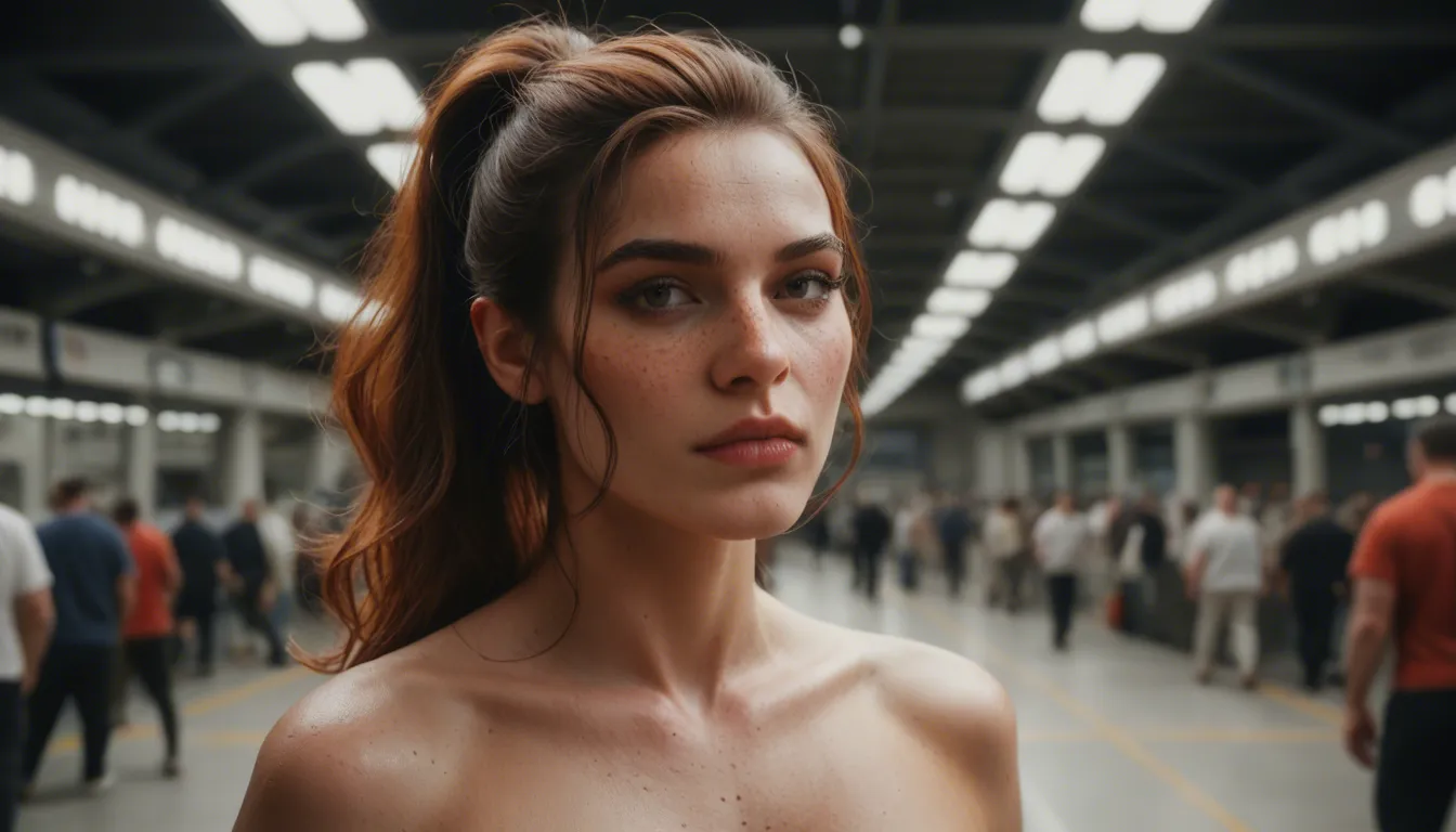 best quality, hyperrealistic, in a crowded airport terminal, lily, 20 years old with wavy red hair and ponytail, fair skin, freckles and small breasts, she is sitting on the floor with her legs spreaded bent on the ground, shaved open pussy with outie labia is showed, she is watching the camera smiling amd grabbing the dick of a thin man behind her. at her side, elle, 35 years old with very long blonde wavy hair, large breasts, spreading legs and shaved pussy, she is sitting on the floor watching lily with understanding gaze and smiling. there are backpacks and luggage around. other naked men and women are waiting or walking, natural skin texture