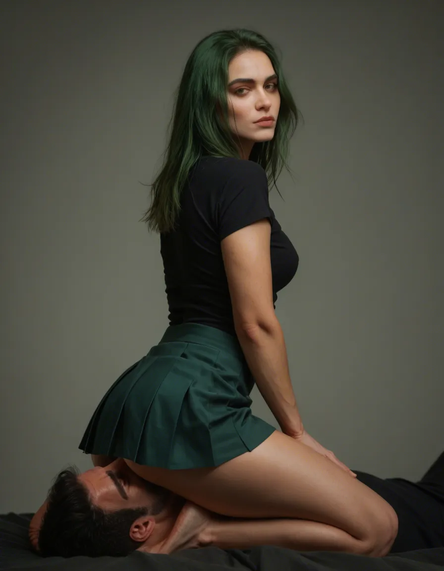 best quality, hyperrealistic, witch, green hair, pleated skirt, facesitting, golden hour, cinematic realism, score_9, score_8, candid photo, realistic skin texture, visible skin pores, film grain, depth of field
