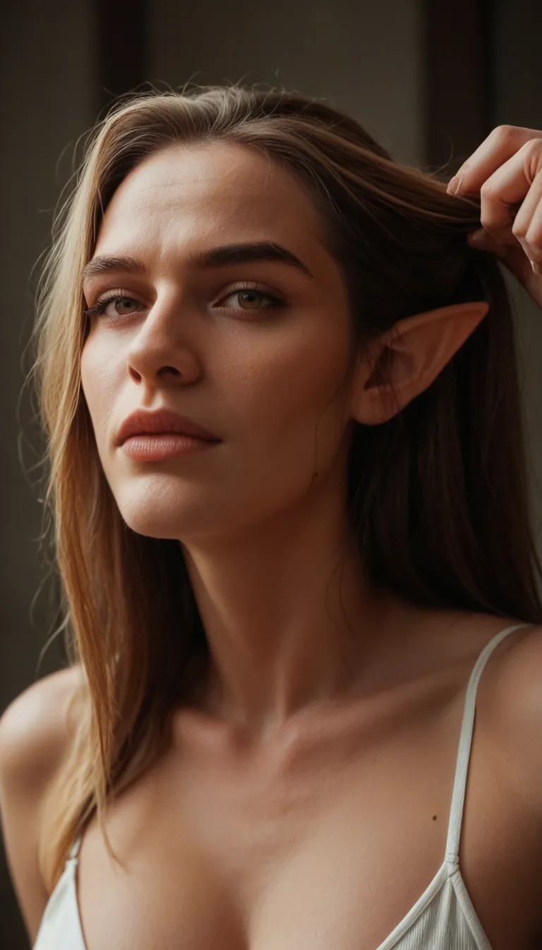 8k, sharp focus, detailed skin, elf woman, hair pull, toes, confident gaze, film photography