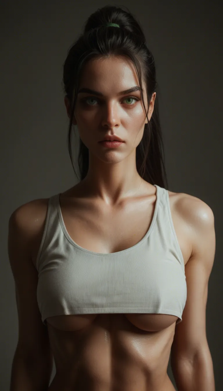 hyperrealistic, detailed skin, front view, underboob, long black hair, fringe hairstyle, high ponytail, almond green eyes, kissable mouth, shiny black thong, huge fake breasts, riding penis, cowgirl position, toned athletic oiled body, cum in pussy, arm tattoo