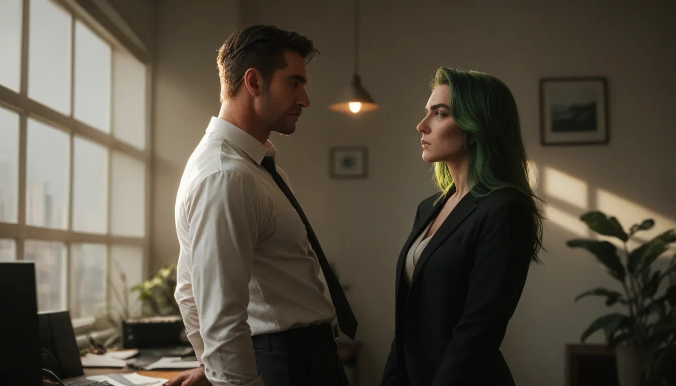 highly detailed, natural lighting, couple, green hair, office wear, arching back, RAW photo