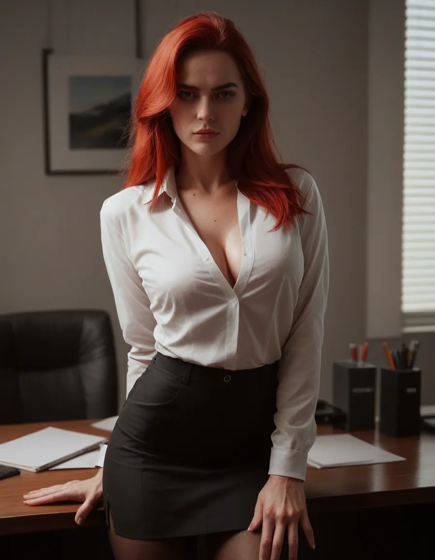 cinematic photo, 8k, office lady, red hair, shirt, futanari, studio lighting, 8k uhd, score_9, score_8, candid photo, realistic skin texture, visible skin pores, film grain, depth of field