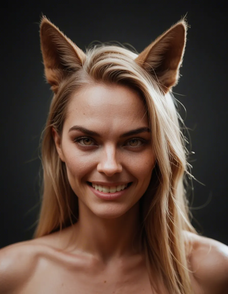 ultra HD, lifelike, solo female, presenting, animal ears, teasing grin, lifelike render, score_9, score_8, candid photo, realistic skin texture, visible skin pores, film grain, depth of field