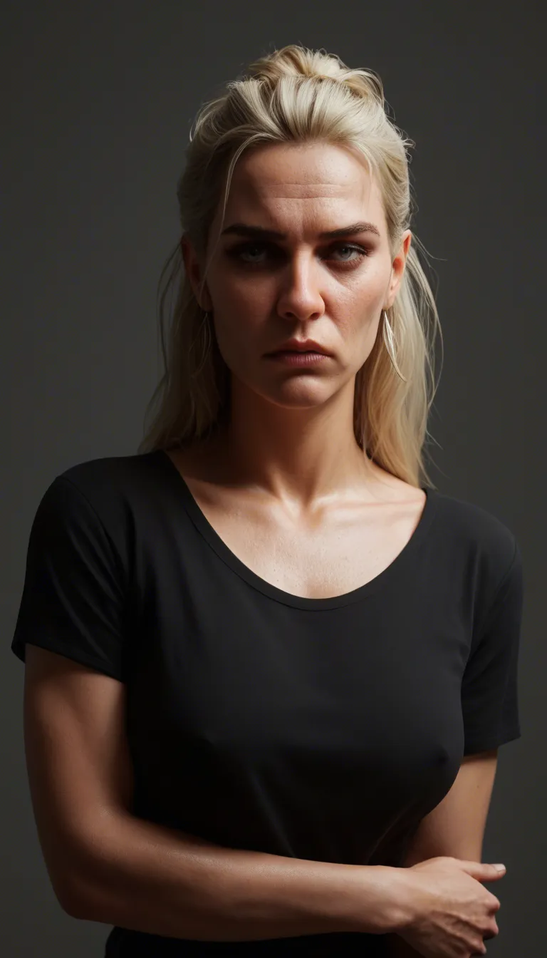 older mature thick-body blonde woman with blown-out hairstyle, big nose, long-face, is looking sad and reluctant as she lifts her shirt to expose her big juicy saggy stretch-marked breastss with abnormally oversized areolas and jumbo-sized hard nipples; setiting is in a Las Vegas Penthouse at night