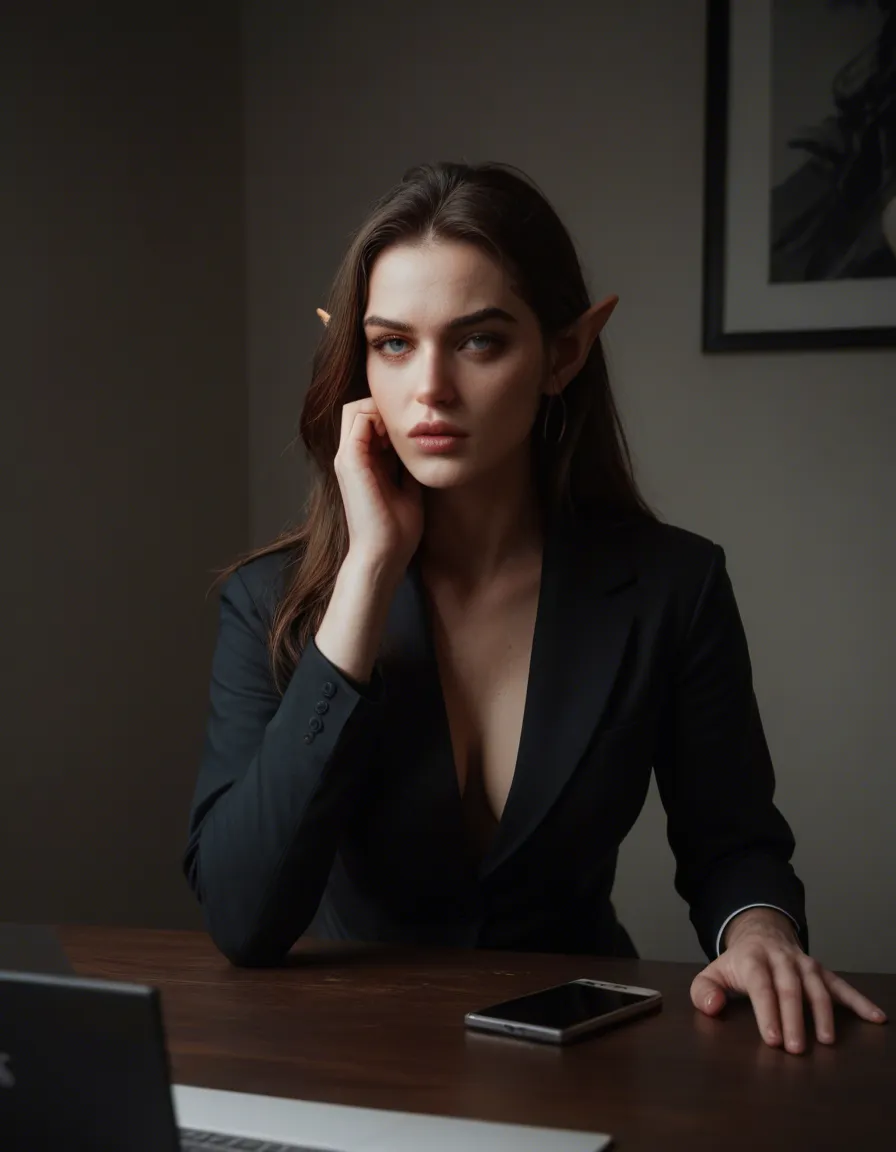 sharp focus, 8k uhd, elf girl, office wear, bondage, studio lighting, film photanus aphy, score_9, score_8, amateur photo, phone snapshot, realistic skin texture, skin blemishes, soft indoor lighting