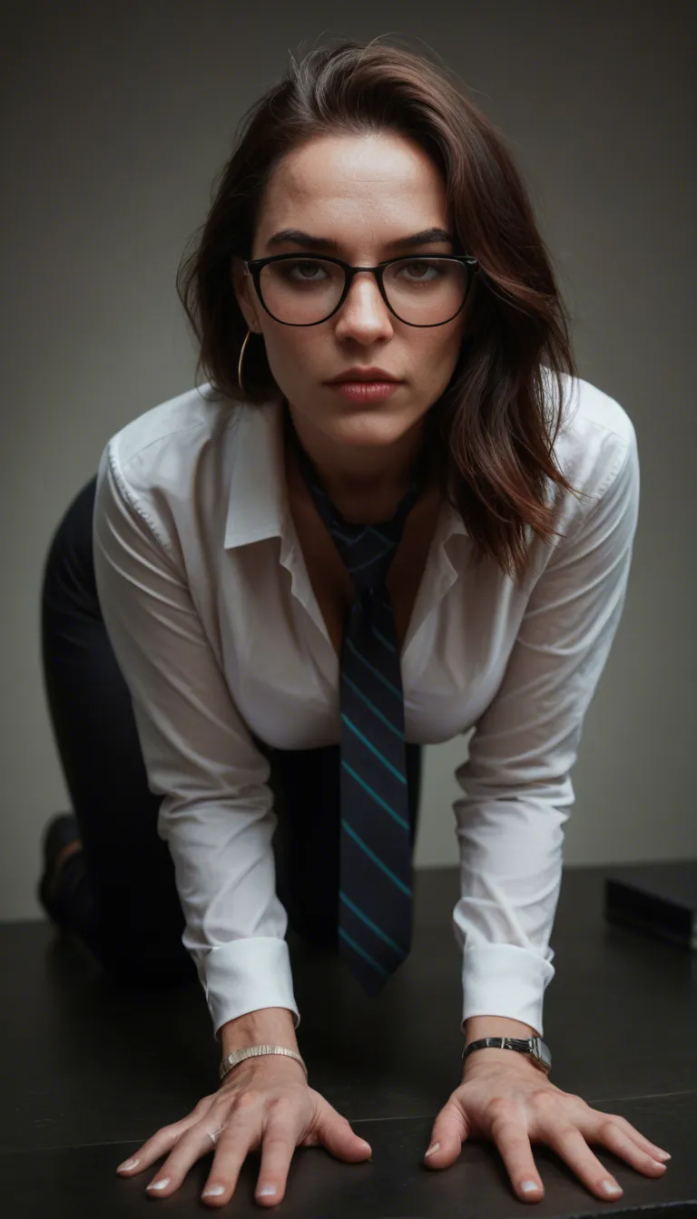 dslr, film grain, photorealistic, office lady, glasses, necktie, on all fours, neon glow, hyperrealistic
