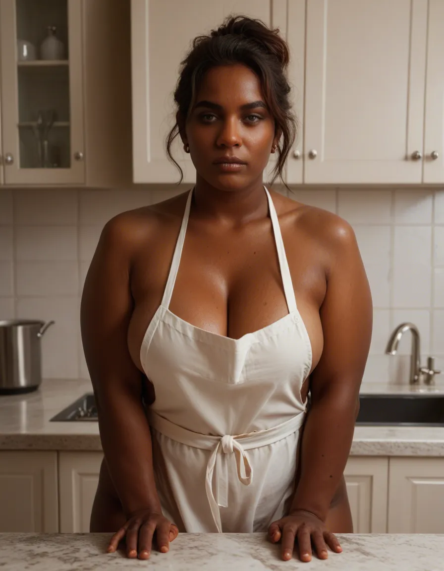A 35 year old, dark skinned, little chubby, natural unshaven, nude Indian woman wearing only a loose red short kitchen apron, in a classy bathroom in the afternoon, showing her deep cleavage. Casual style photo., score_9, score_8, amateur photo, phone snapshot, realistic skin texture, skin blemishes, soft indoor lighting