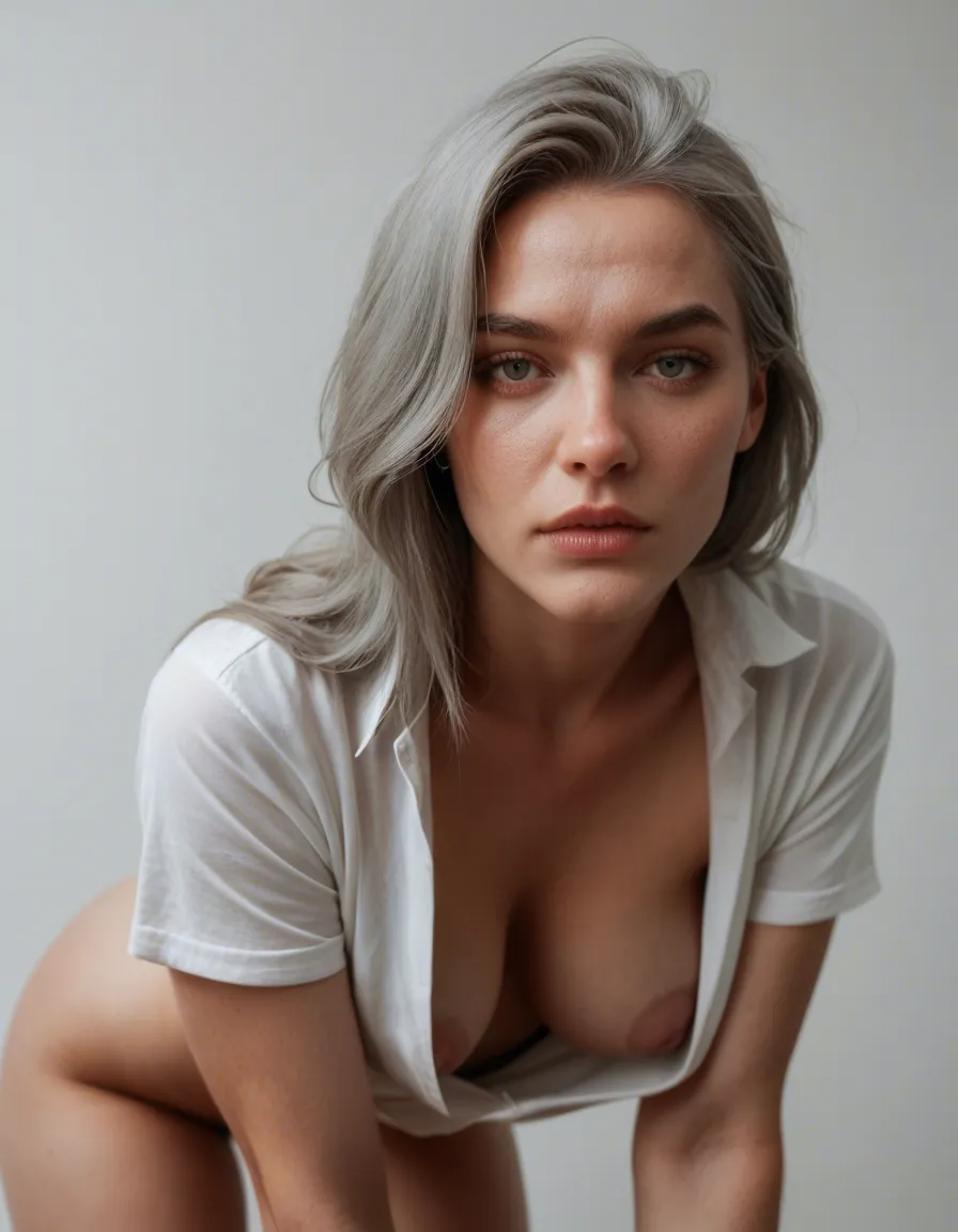 8k, sharp focus, detailed skin, 1other, grey hair, white shirt, bent over, film photo inverted_nipples graphy, score_9, score_8, candid photo, realistic skin texture, visible skin pores, film grain, depth of field
