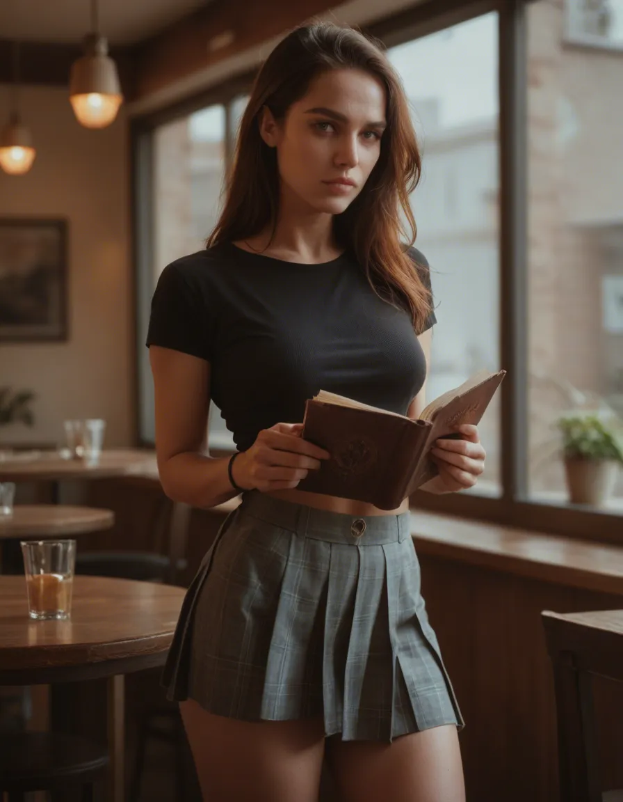 Woman reading book in cafe wears no panties under skirt., score_9, score_8, candid photo, realistic skin texture, visible skin pores, film grain, depth of field