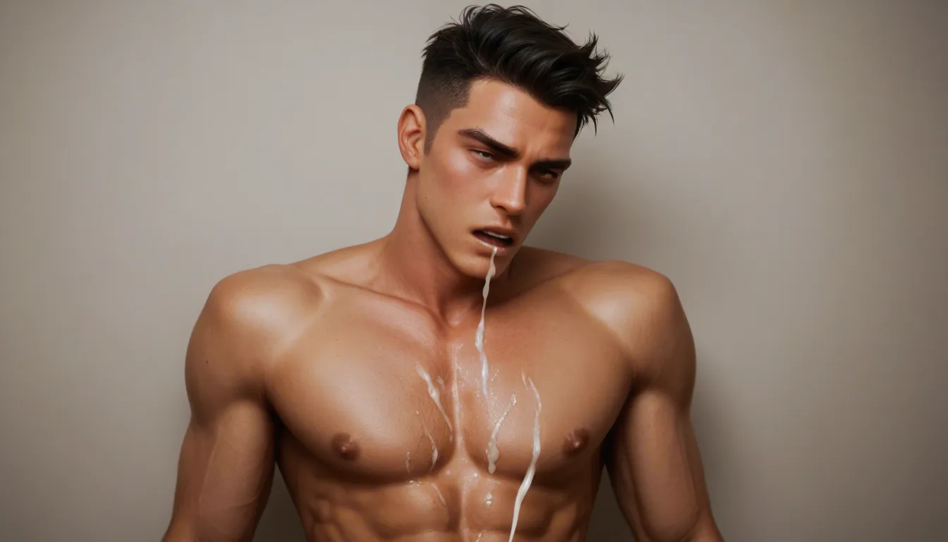artwork, drawing, illustration, yaoi, solo, 1boy, nude, black cut hair, black eyes, slim, narrow waist, ((erection:1.1)), painful orgasm expresion, Uneven eyes, eye roll, masturbating, cumming, cum covered, dynamic pose, squatting, hunched forward, gradient effect, seaside, beach theme, daylight, side angle, from below, full body shot, candid, skin texture, visible skin pores, film grain, depth of field, score_9, score_8, 3d render, octane render, subsurface scattering, ray tracing, smooth shading