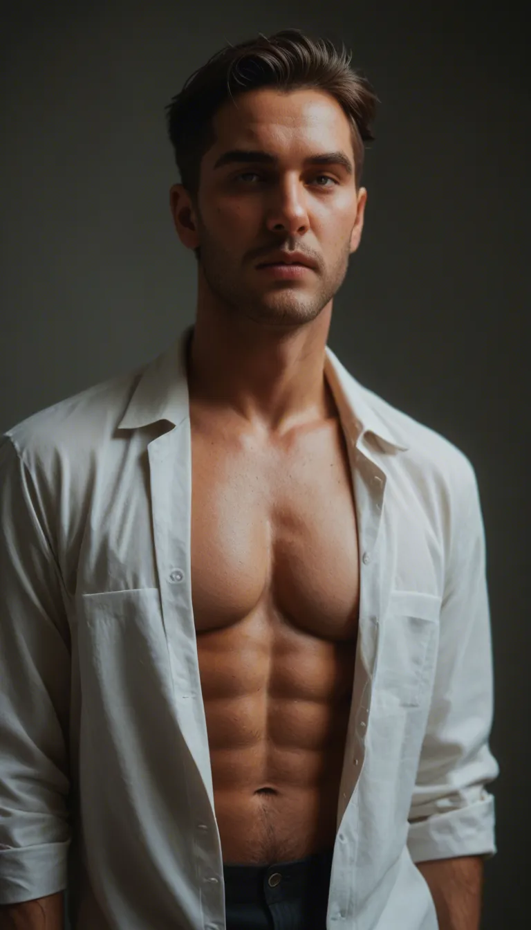 studio quality, sharp focus, 1boy, mole, open clothes, slow turn, bouncing breasts, cool tones, natural skin texture