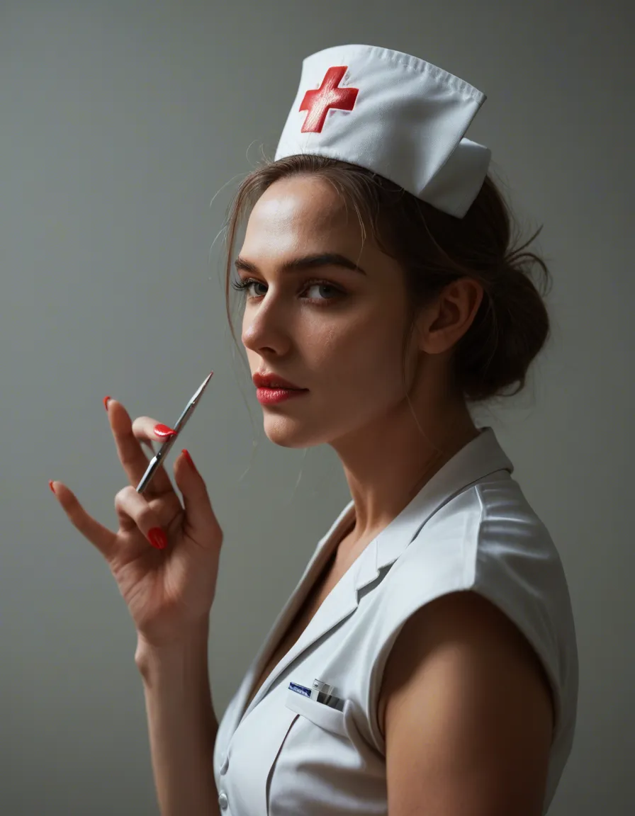 8k, sharp focus, detailed skin, side view, nurse, presenting, nail polish, hyperrealistic, score_9, score_8, candid photo, realistic skin texture, visible skin pores, film grain, depth of field