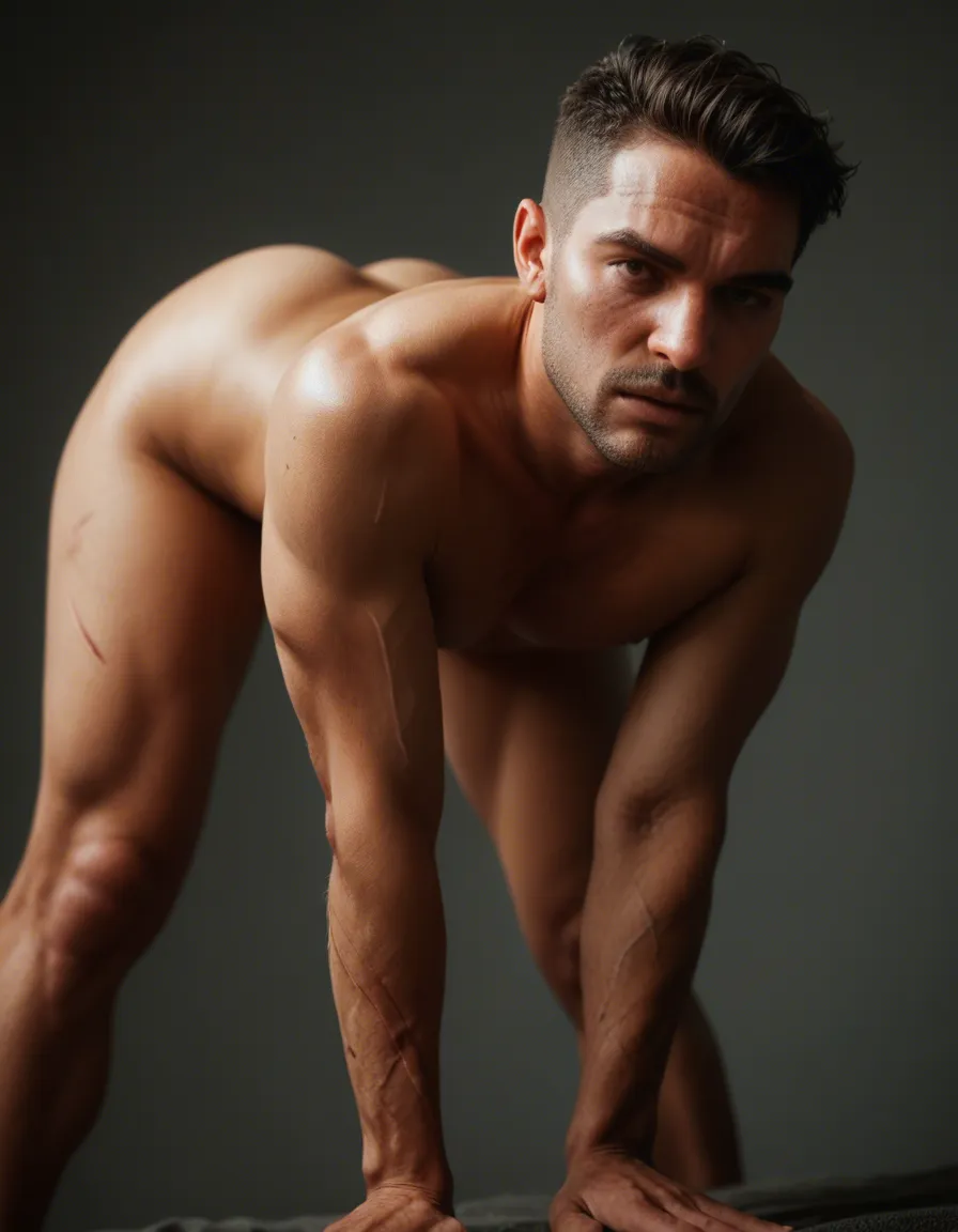 studio quality, sharp focus, dutch angle, 1boy, bent over, scar, natural skin texture, score_9, score_8, candid photo, realistic skin texture, visible skin pores, film grain, depth of field