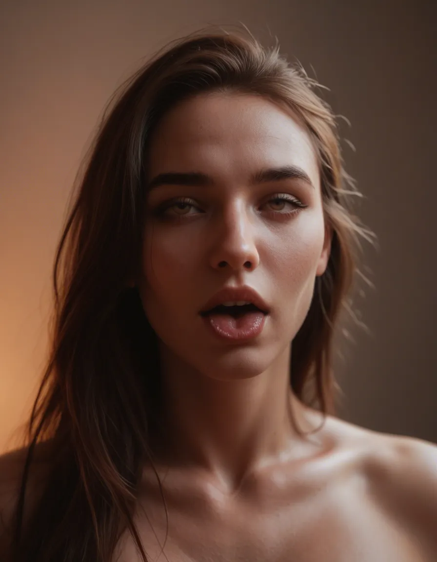 ultra HD, lifelike, over the shoulder, solo female, ahegao, petite adult woman, lifelike render, score_9, score_8, amateur photo, phone snapshot, realistic skin texture, skin blemishes, soft indoor lighting