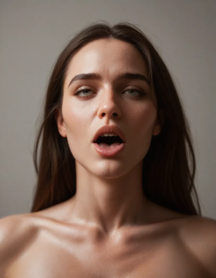 ultra HD, lifelike, over the shoulder, solo female, ahegao, petite adult woman, lifelike render, score_9, score_8, candid photo, realistic skin texture, visible skin pores, film grain, depth of field