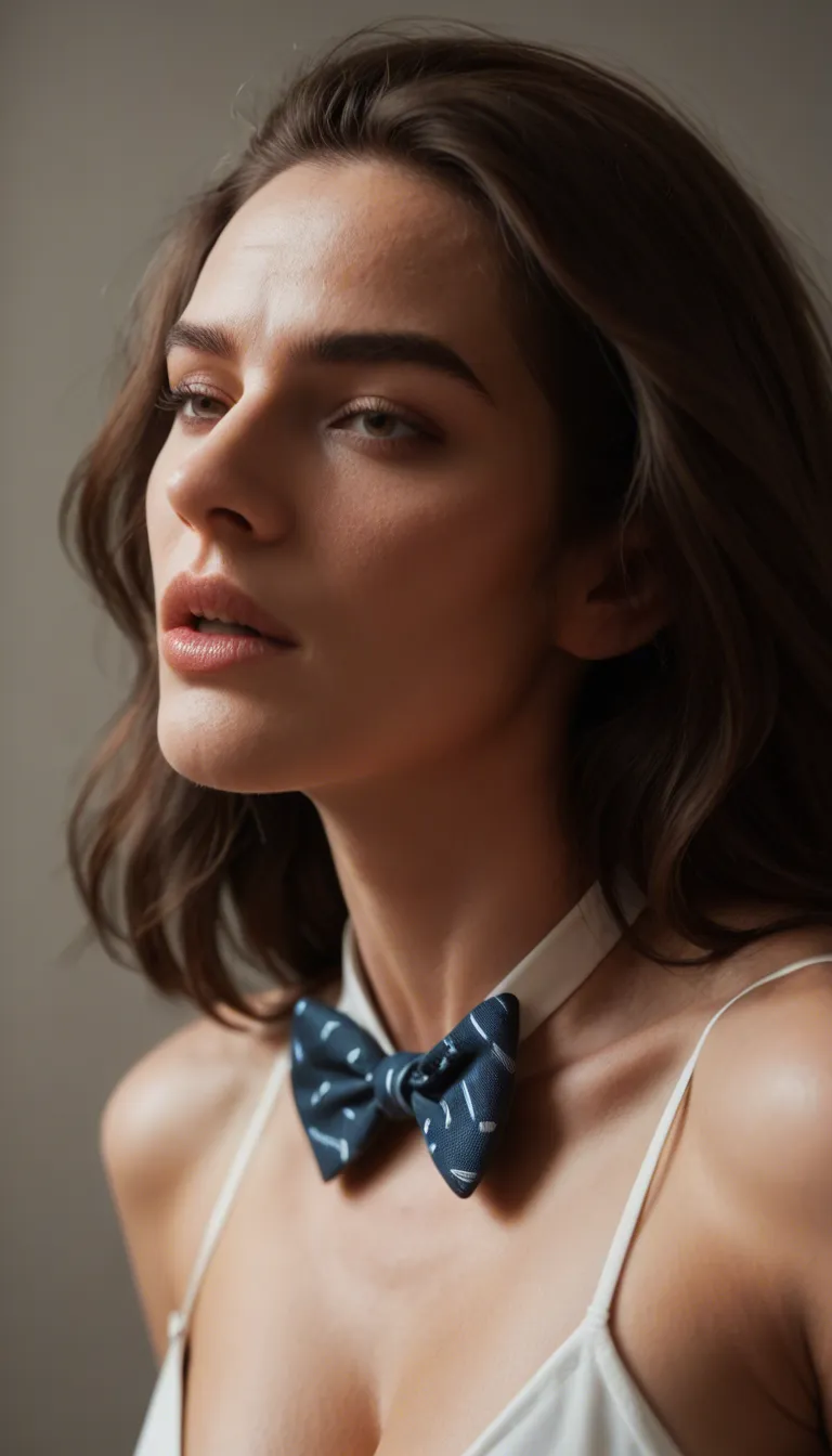 8k, sharp focus, detailed skin, brunette woman, medium hair, bowtie, orgasm, photorealistic