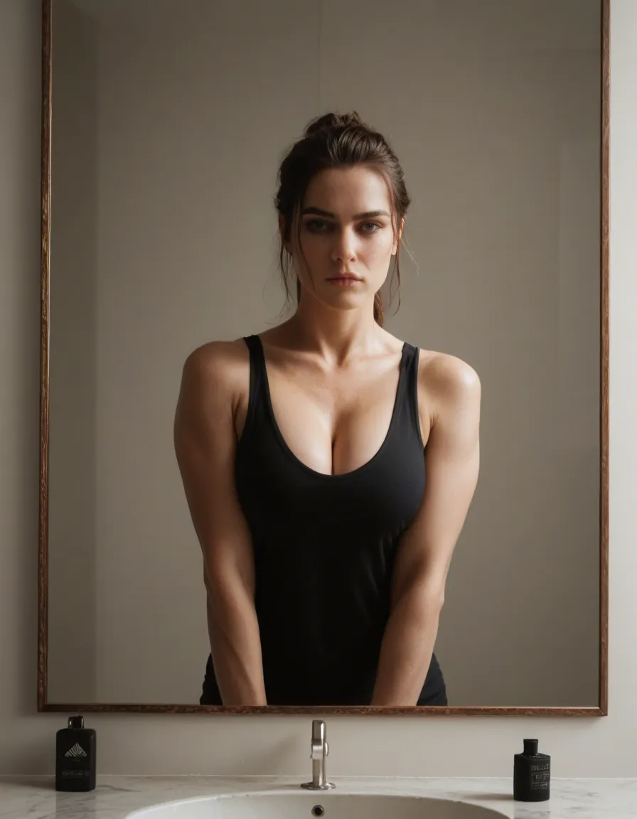 dslr, film grain, photorealistic, fitness model, bare shoulders, alternate costume, mirror reflection, futanari, RAW photo, score_9, score_8, candid photo, realistic skin texture, visible skin pores, film grain, depth of field