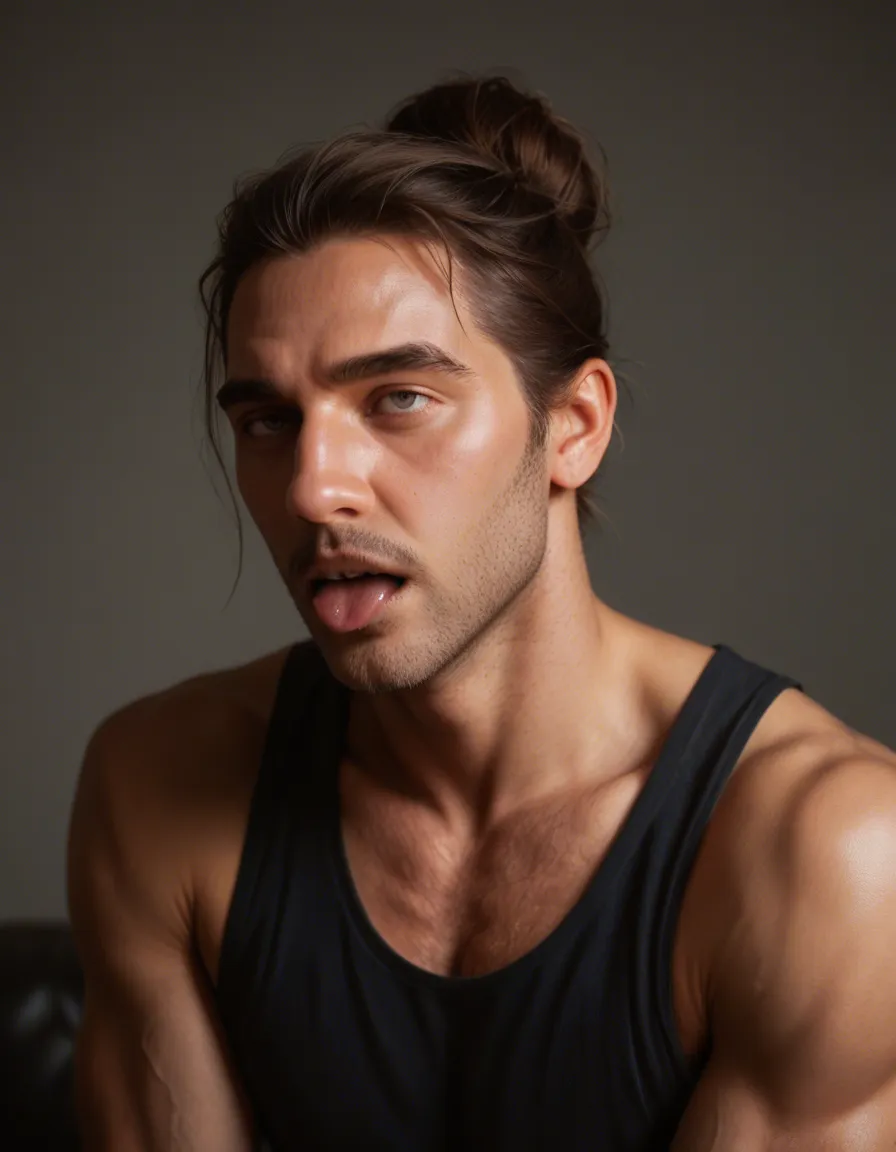 best quality, hyperrealistic, male focus, hair bun, sleeveless, ahegao, dslr quality, score_9, score_8, candid photo, realistic skin texture, visible skin pores, film grain, depth of field