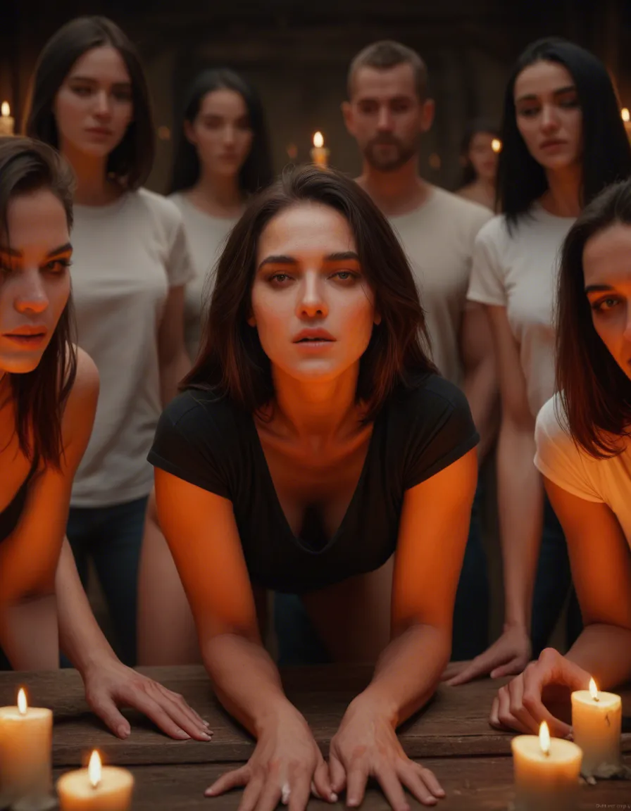 8k, sharp focus, detailed skin, 6+women, petite adult woman, short sleeves, doggy style, candlelight, natural skin texture, score_9, score_8, candid photo, realistic skin texture, visible skin pores, film grain, depth of field