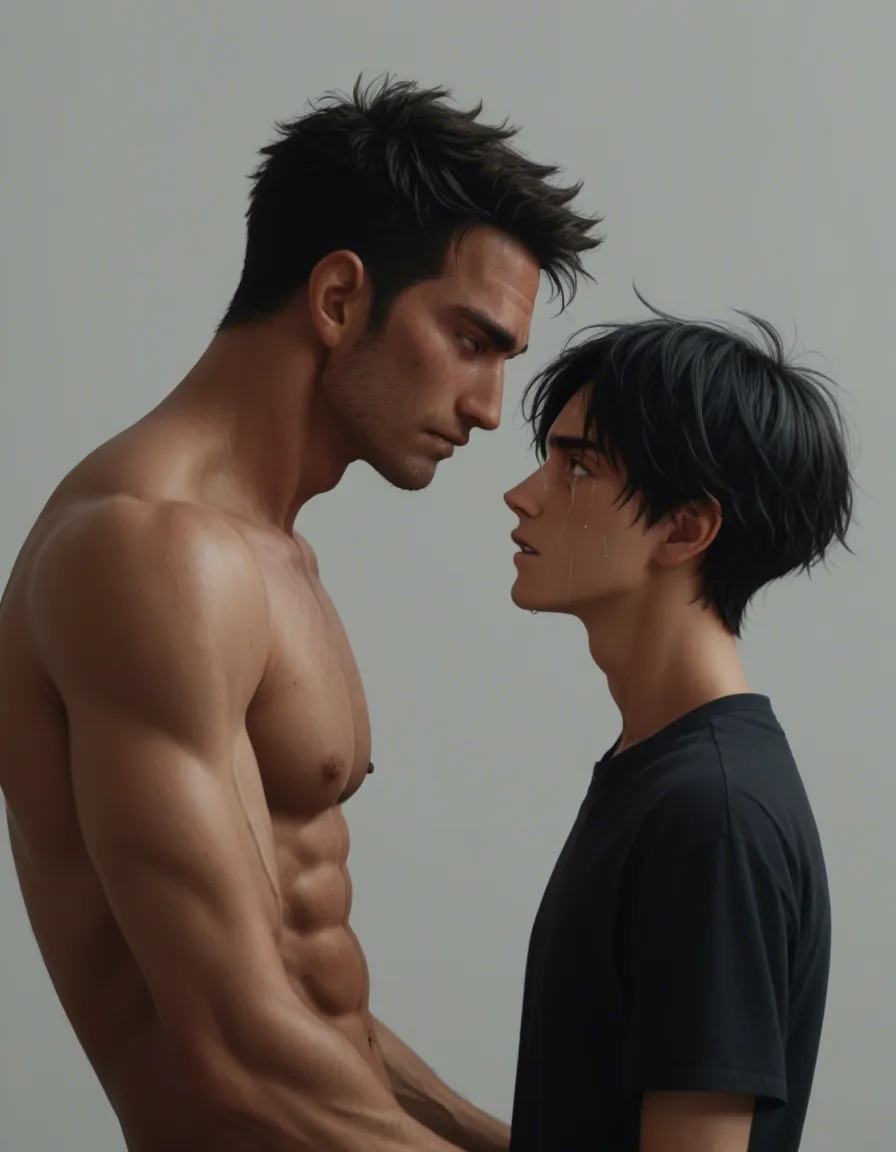 hentai_studio_quality, (anime style:1.3), 2d, anime screencap, cel shading, flat color yaoi, age_difference, size_difference. side from_side shorter, younger man, short_hair, black_hair, black eyes, tears, naked, blushing, ahegao, sex_from_behind, bent down on beach towel, male_penetrated by tall, handsome man with black_hair, brown_eyes, evil_smile, dressed in a black speedo on beach with speedo pulled down, hentai_studio_quality,, score_9, score_8, candid photo, realistic skin texture, visible skin pores, film grain, depth of field