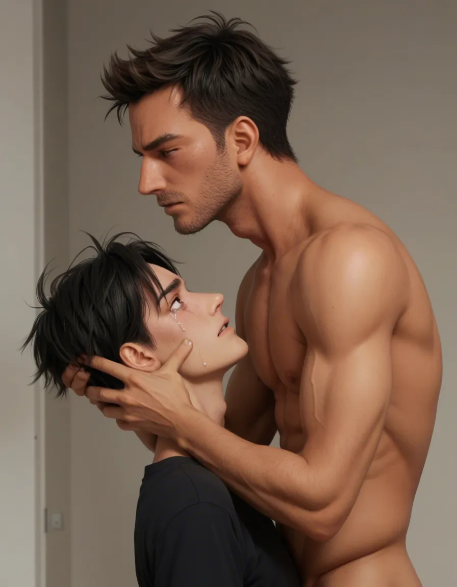 hentai_studio_quality, (anime style:1.3), 2d, anime screencap, cel shading, flat color yaoi, age_difference, size_difference. side from_side shorter, younger man, short_hair, black_hair, black eyes, tears, naked, blushing, ahegao, sex_from_behind, bent down on beach towel, male_penetrated by tall, handsome man with black_hair, brown_eyes, evil_smile, dressed in a black speedo on beach with speedo pulled down, hentai_studio_quality,, score_9, score_8, candid photo, realistic skin texture, visible skin pores, film grain, depth of field