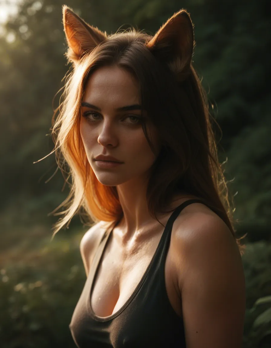 highly detailed, natural lighting, 1woman, futanari, animal ears, outdoors, film photography, score_9, score_8, candid photo, realistic skin texture, visible skin pores, film grain, depth of field