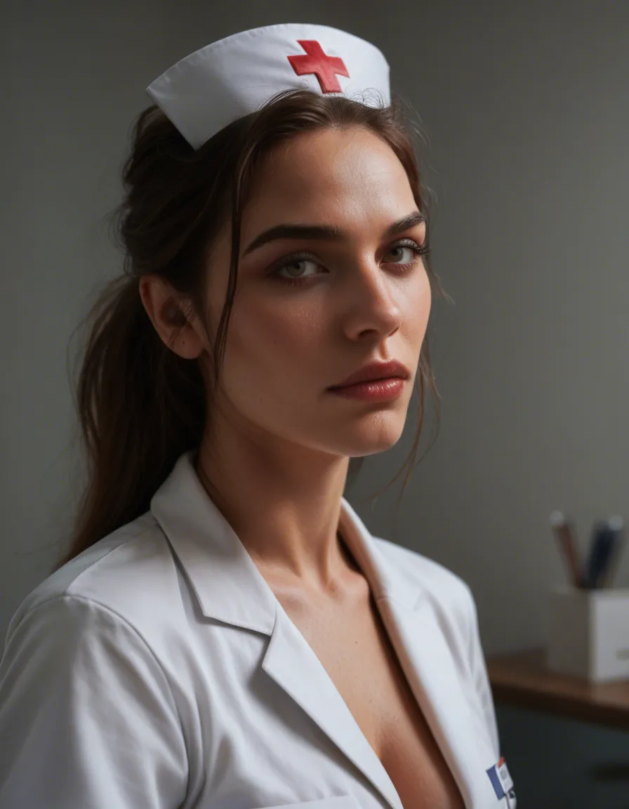 8k, sharp focus, detailed skin, nurse, office wear, bondage, photorealistic, score_9, score_8, candid photo, realistic skin texture, visible skin pores, film grain, depth of field