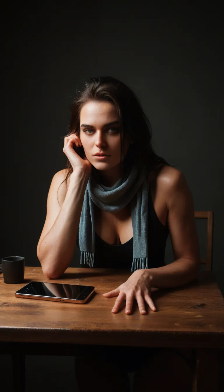 best quality, hyperrealistic, solo female, tentacle, scarf, table, 8k uhd photo