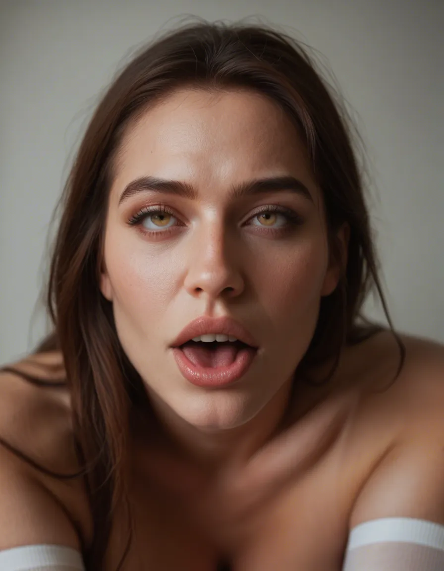 best quality, hyperrealistic, extreme close-up, demon woman, ahegao, white thighhighs, dslr quality, score_9, score_8, candid photo, realistic skin texture, visible skin pores, film grain, depth of field