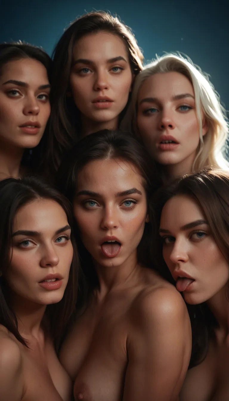 highly detailed, natural lighting, 4women, ahegao, petite adult woman, blue background, dominant stare, studio photo_(object) brunette with blue eyes sucking dick