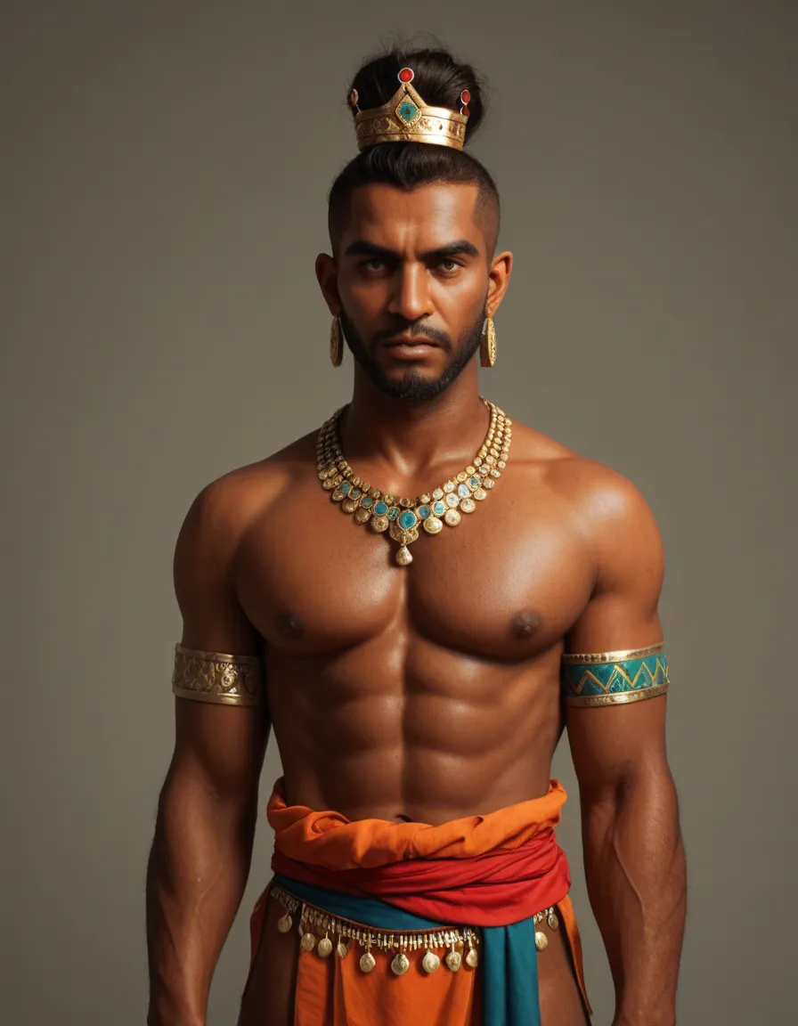 In the center stands a blue-skinned male figure, adorned with an ornate golden crown, elaborate jewelry including necklaces, armbands, and a sacred thread. He wears an orange/saffron dhoti with a red sash draped over his shoulder and holds a large bow, his signature attribute.
On the left is a fair-skinned woman,fully naked. She is heavily adorned with jewelry, bangles, earrings, and floral decorations in her dark hair, and holds a lotus flower while gesturing gracefully.
On the right is another dark-skinned indian woman in late 30's, crowned and jeweled, fully naked, holding what appears to be a bow or staff.
The background features a dense, verdant forest with detailed trees, flowering plants, and blooming lotuses in the lower portion. The composition is rich with decorative floral motifs throughout, characteristic of classical Indian devotional painting., score_9, score_8, candid photo, realistic skin texture, visible skin pores, film grain, depth of field
