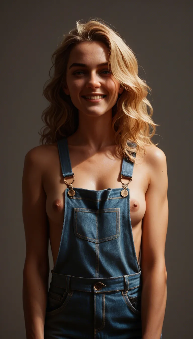 best quality, polished, gradient background, vivid colors, blonde medium length wavy hair in messy ponytail,, smiling, wearing bib overalls, no shirt, small breasts, puffy nipples peaking out, strpping