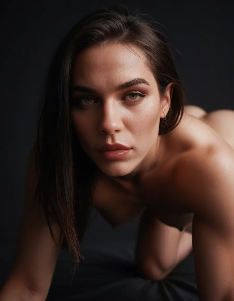 professional photo, high detail, portrait, succubus, on all fours, lips, black background, 8k uhd photo, score_9, score_8, candid photo, realistic skin texture, visible skin pores, film grain, depth of field