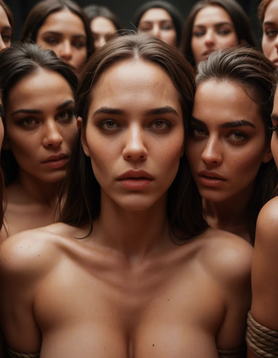 sharp focus, 8k uhd, 6+women, bondage, mole, playful expression, film photography, score_9, score_8, candid photo, realistic skin texture, visible skin pores, film grain, depth of field
