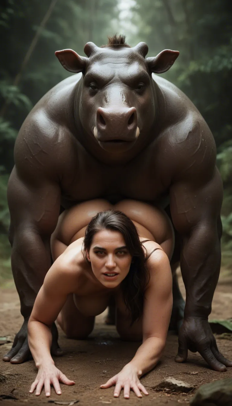Tall fat furry hippopotamus woman having sex with a short white male human