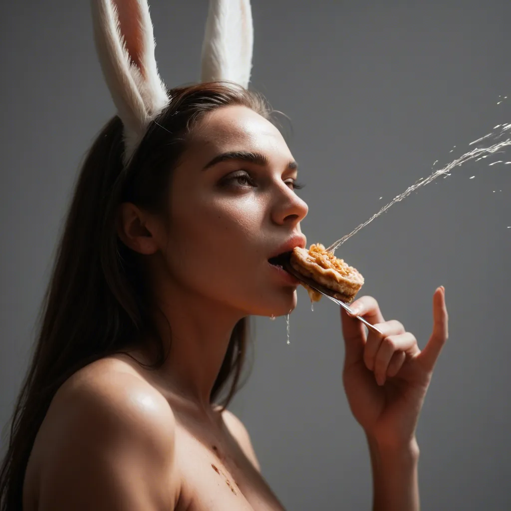 8k, sharp focus, detailed skin, bunny girl, skindentation, food, squirting, grey background, from below, natural skin texture
