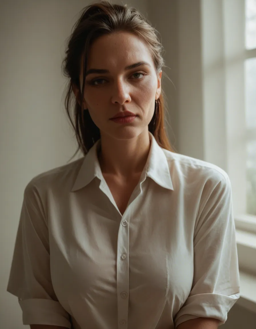 highly detailed, natural lighting, mature female, collared shirt, presenting, rim light, studio photo, score_9, score_8, candid photo, realistic skin texture, visible skin pores, film grain, depth of field