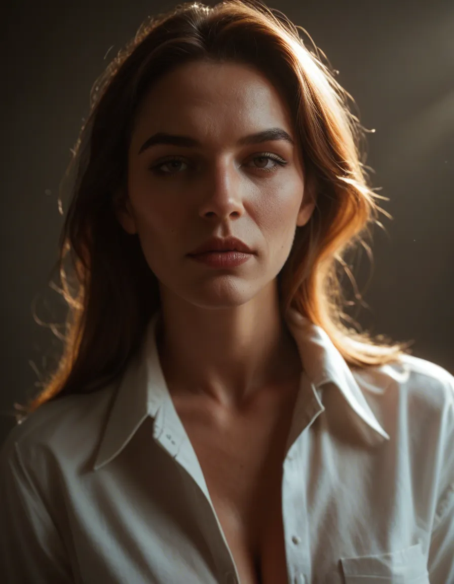 highly detailed, natural lighting, mature female, collared shirt, presenting, rim light, studio photo, score_9, score_8, candid photo, realistic skin texture, visible skin pores, film grain, depth of field, score_9, score_8, candid photo, realistic skin texture, visible skin pores, film grain, depth of field