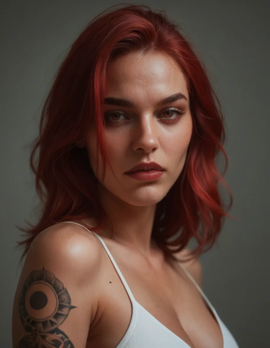 Cherry red hair with a lot of tattoos exposing herself, score_9, score_8, candid photo, realistic skin texture, visible skin pores, film grain, depth of field